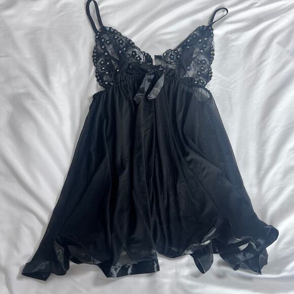 ✨Sexy Black Sheer Lace Babydoll Nightgown Lingerie Set Sequins & Thong Size XL - Picture 1 of 5